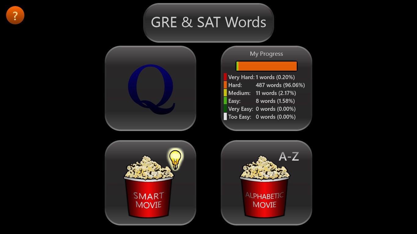 Home Screen: Choose to take a quiz or watch an interactive movie of word information (in Smart or Alphabetic modes).