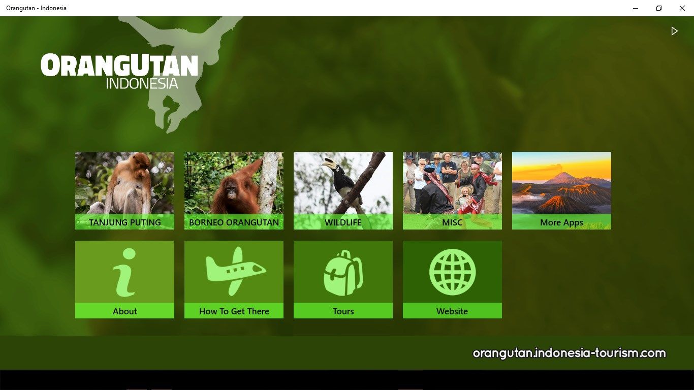 Main Menu of Orang Utan Application, including several menus Tanjung Puting, Borneo Orang Utan, WIldlife, Misc, More apps, about, How to get there, tours and website.