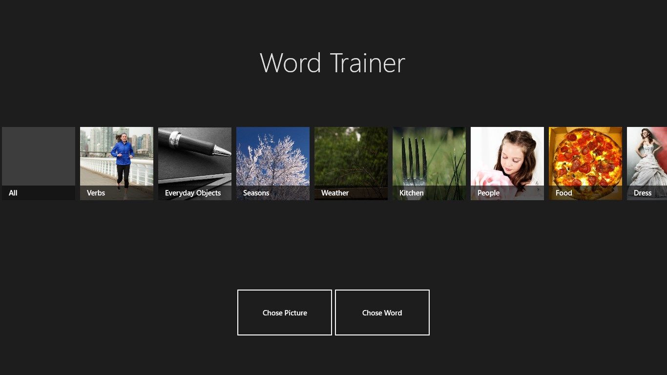Several different word categories are available within the application