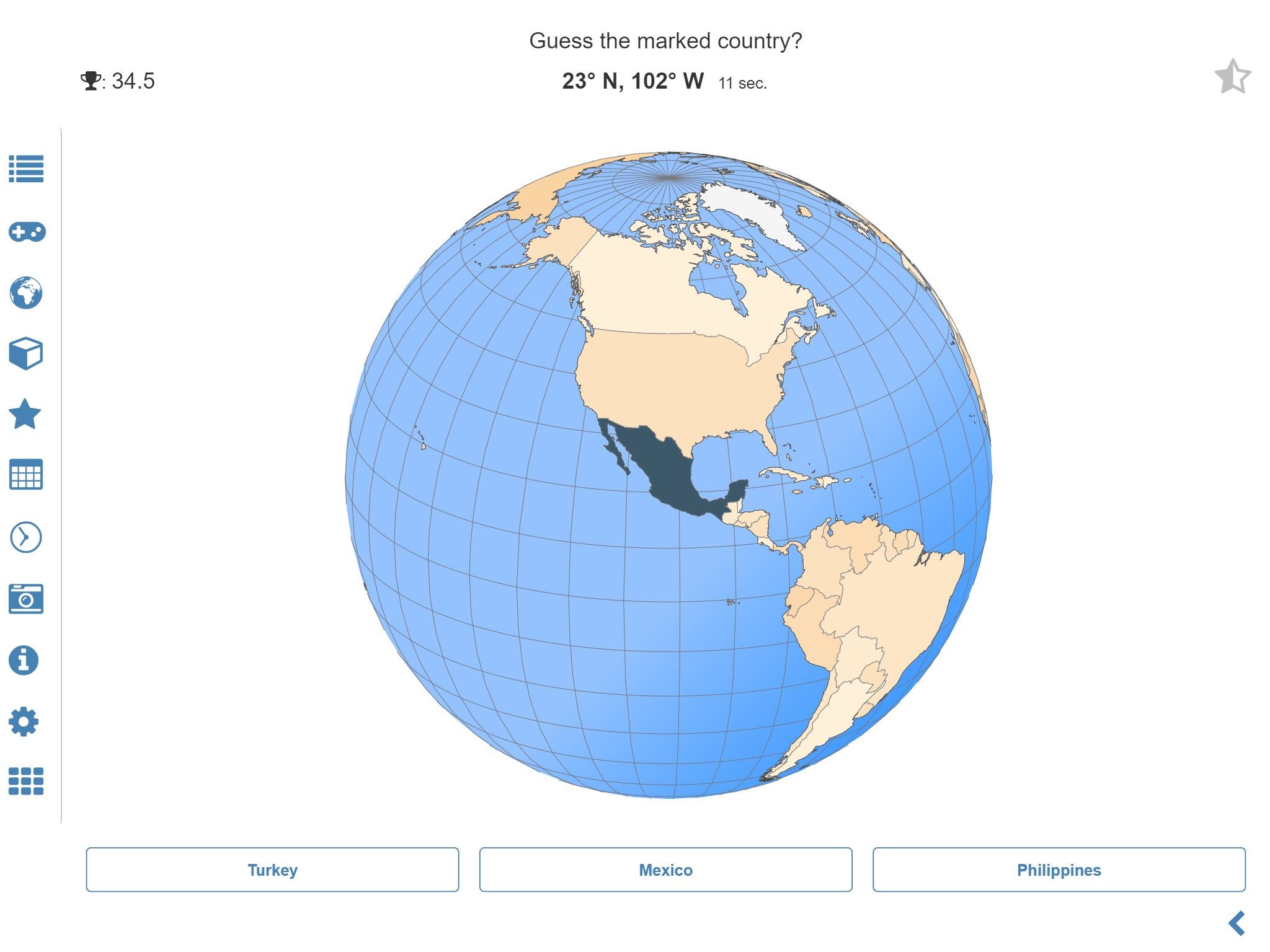 Geography quiz challenges for playful learning: guess the marked country on the virtual globe, test your knowledge about the countries flags