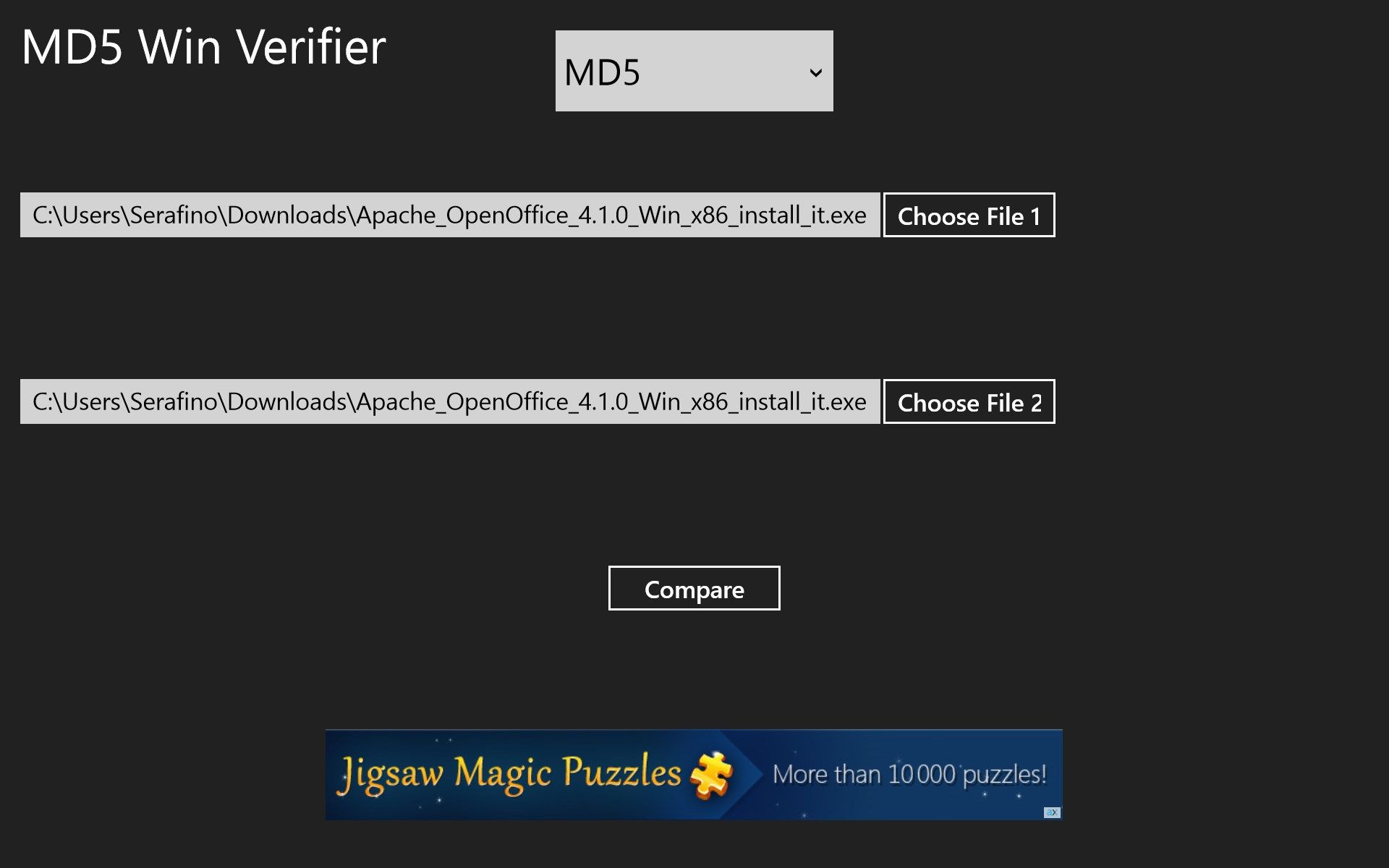File Compare Screen (MD5/SHA1/SHA256)