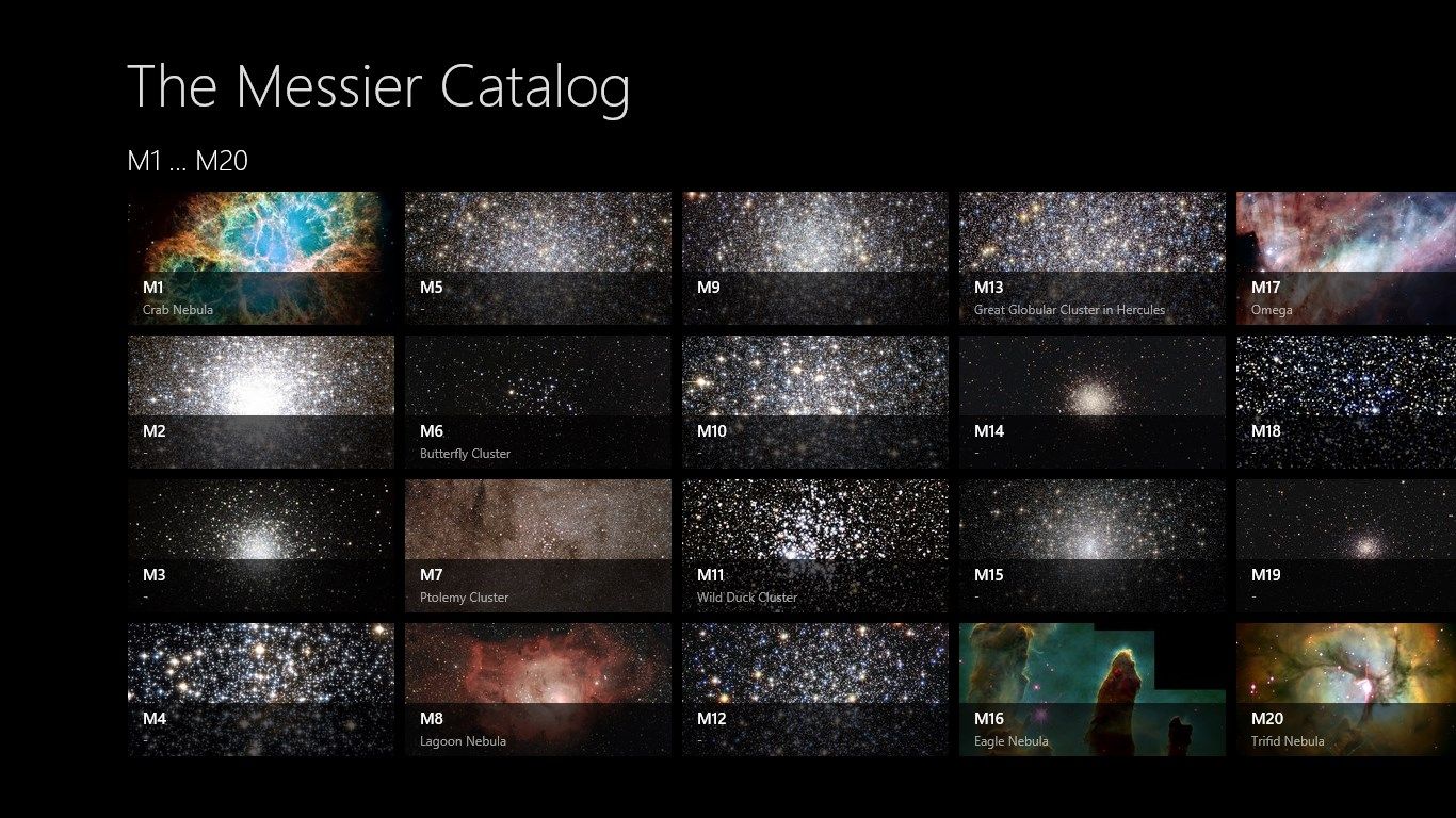 The main list of the app containing all Messier objects.