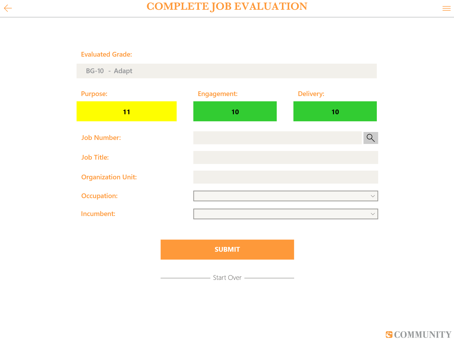 Each completed evaluation can be assigned to a particular job #, job title, org unit etc.