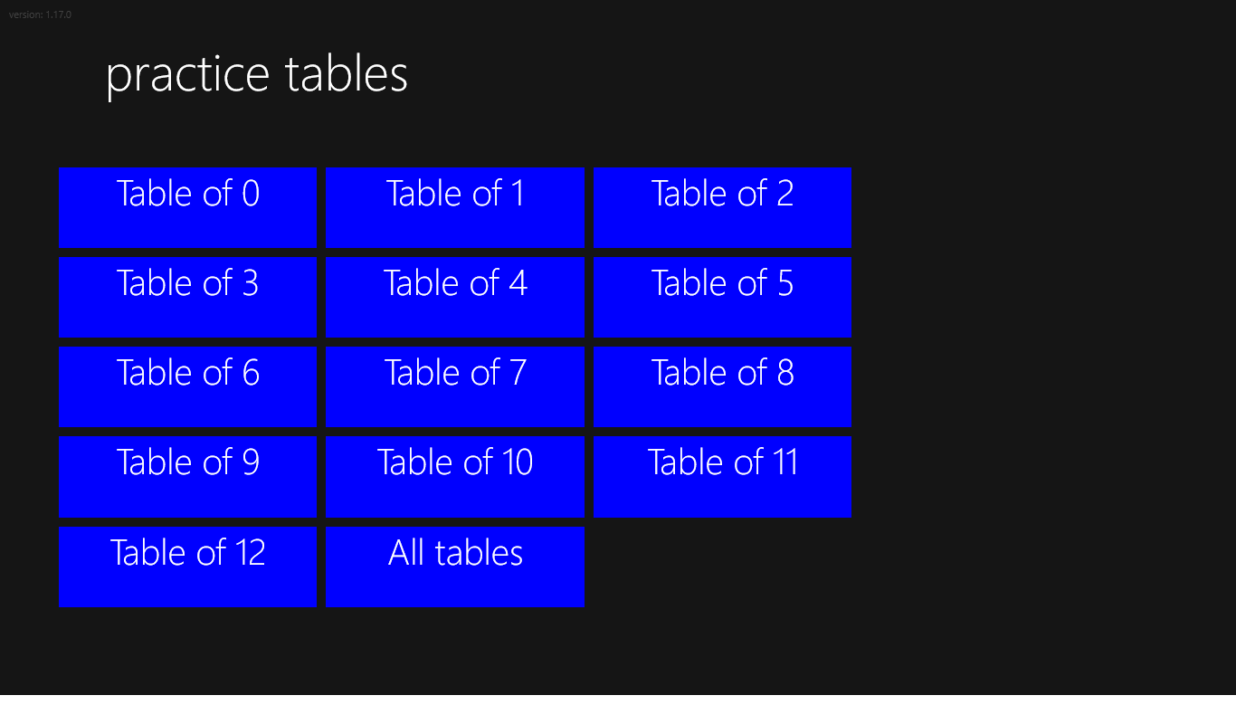 Main menu - choose the times table to practice