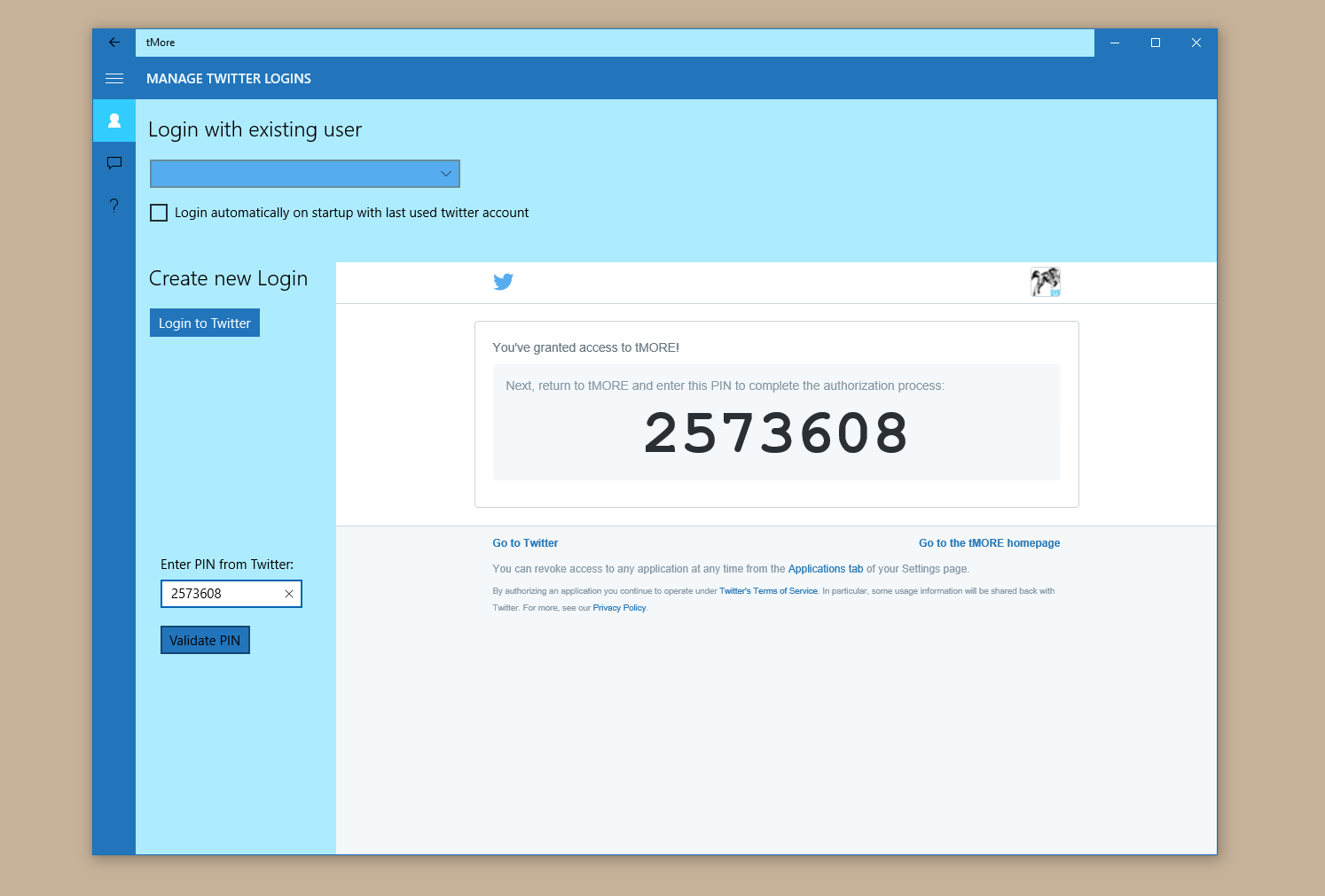 PIN validation: re-enter the PIN that Twitter has created for this login