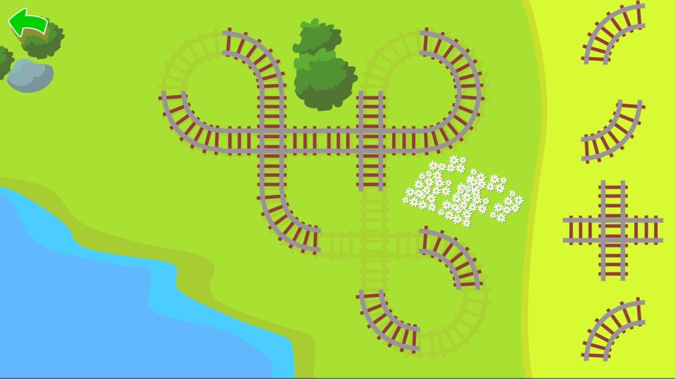 Match the track shapes and patterns.  Once the track is complete, a little train rolls around your track!