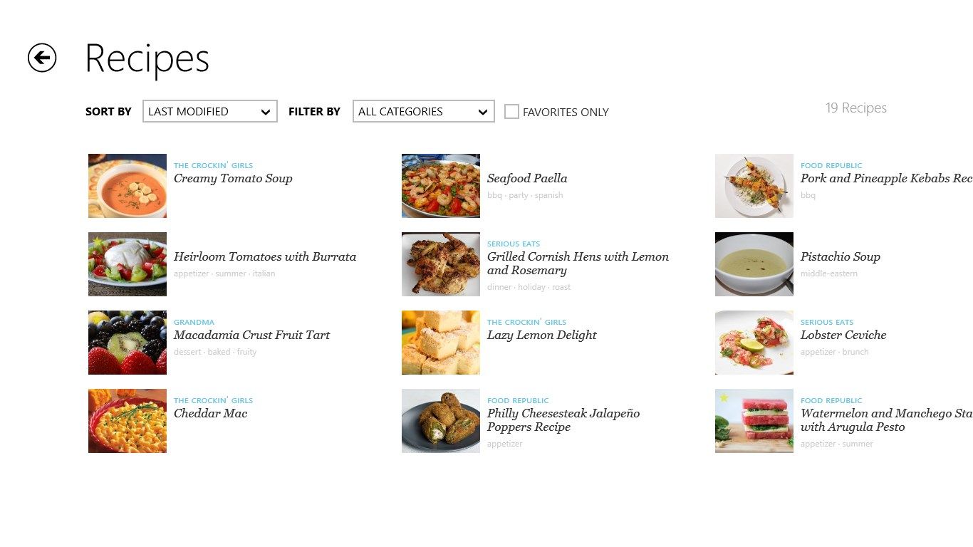 Create and edit recipes on your Windows 8 device. Share your favorite recipes with friends and family via Email, Facebook and Twitter.
