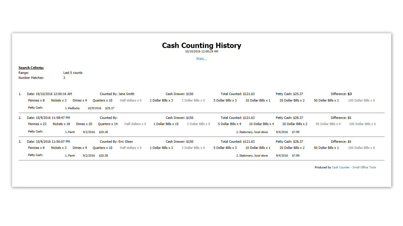 Cash counting history printout (US English)