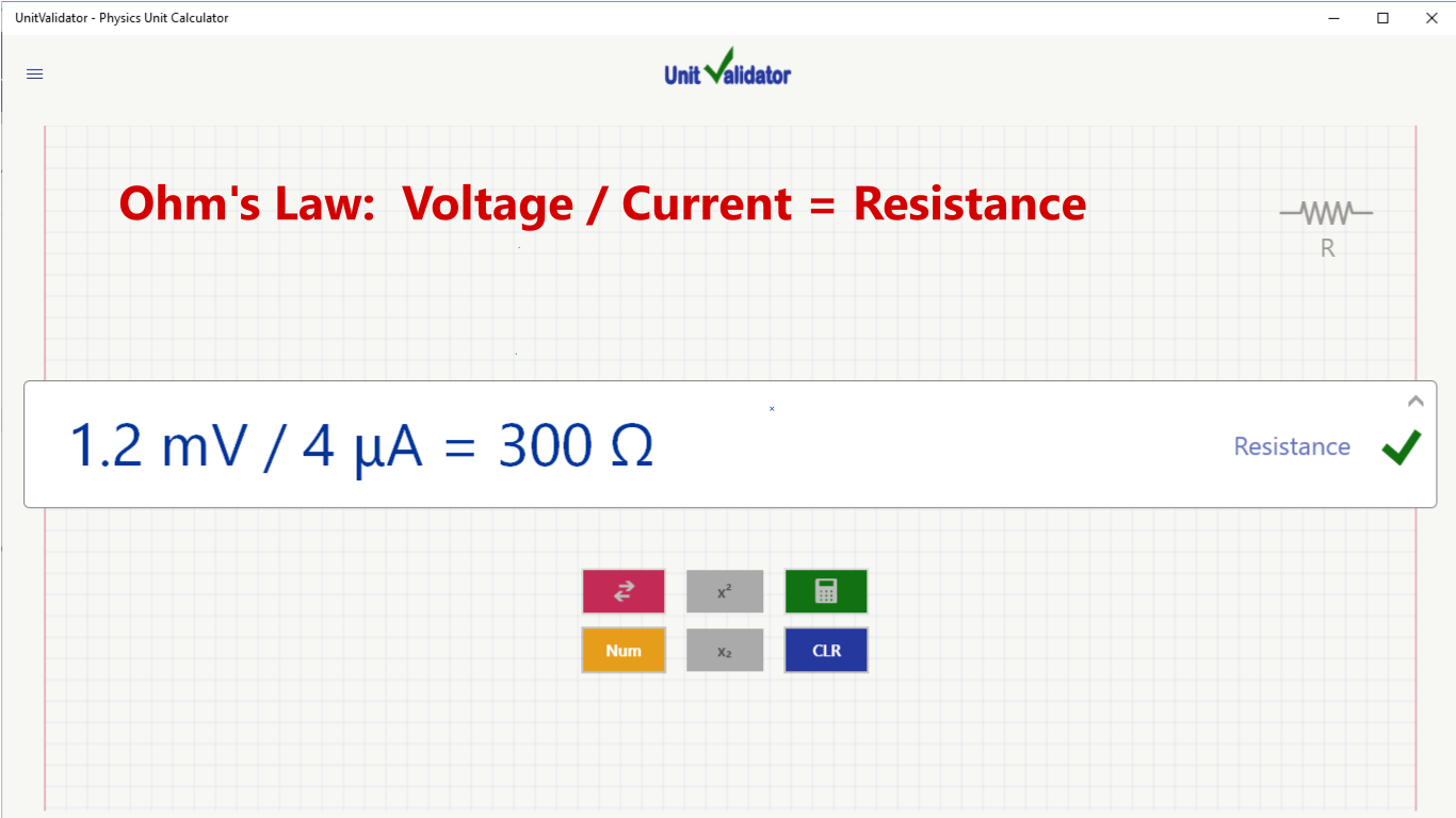 Ohm's law - UnitValidator recogizes the phisical meaning to the result - resistance in this case.