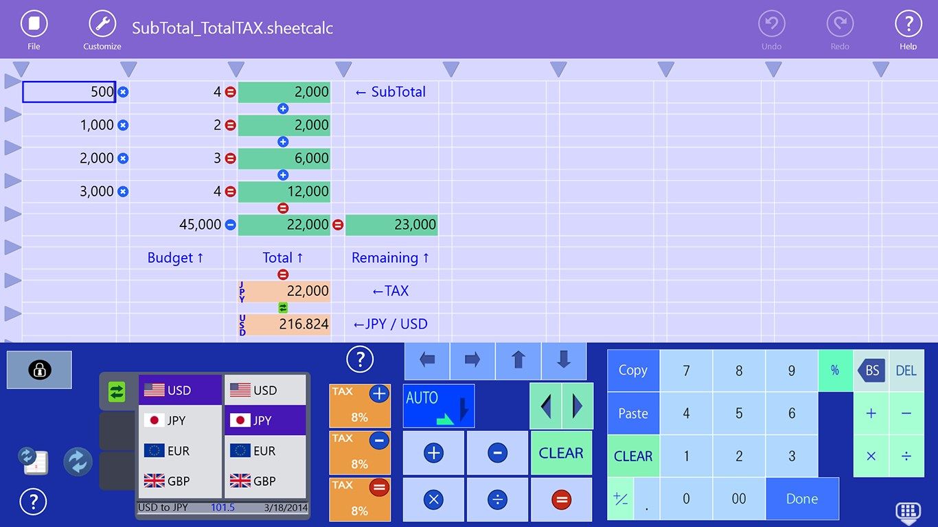 Input as a Desktop calculator Table calculation Subtotal, total Tax calculation Currency conversion