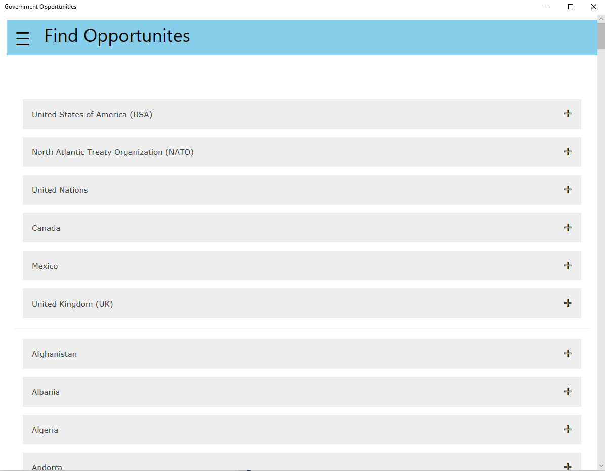 The Find Opportunities page includes both domestic and international government bid sites