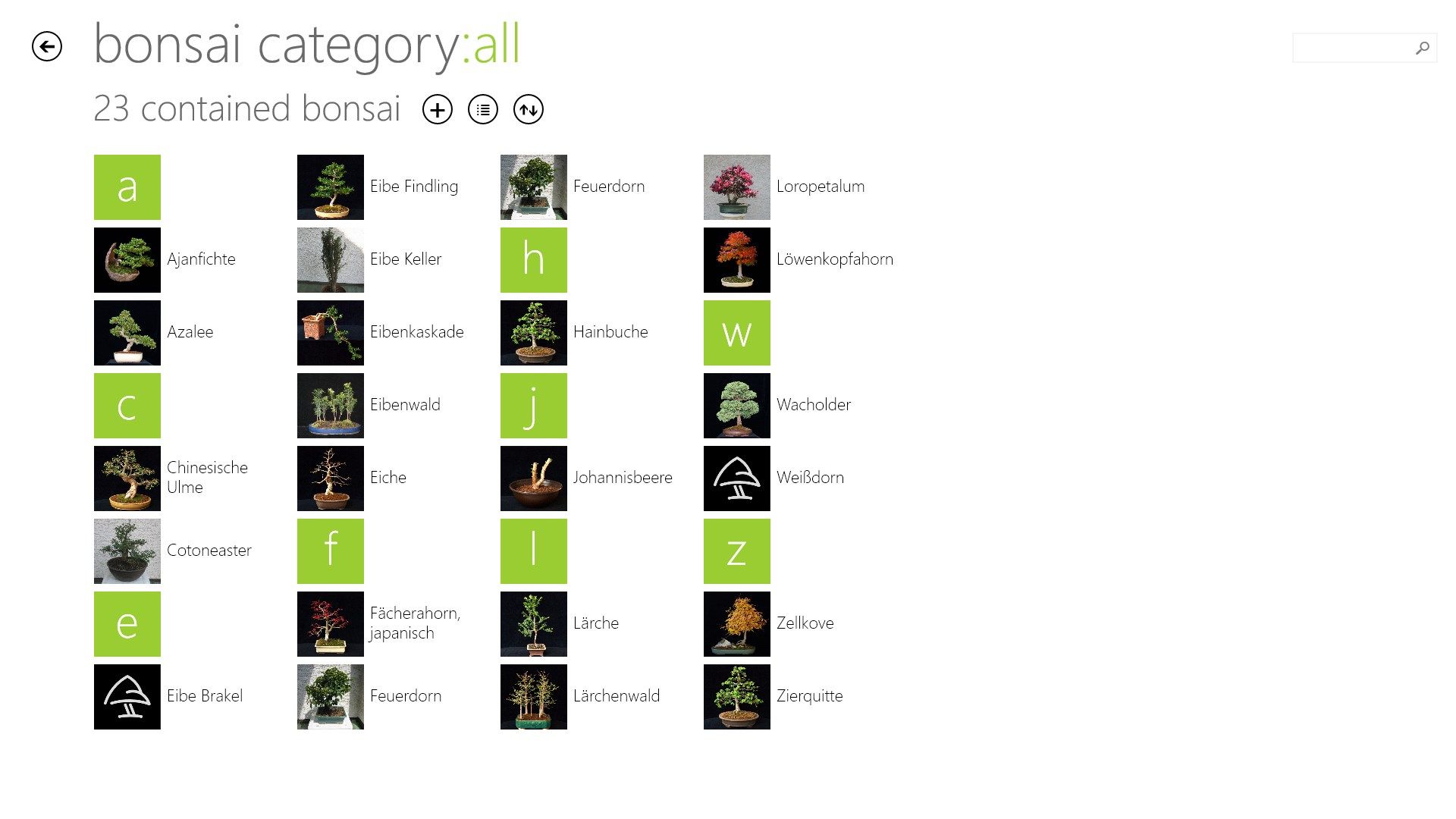 Overview of the bonsai category "all"