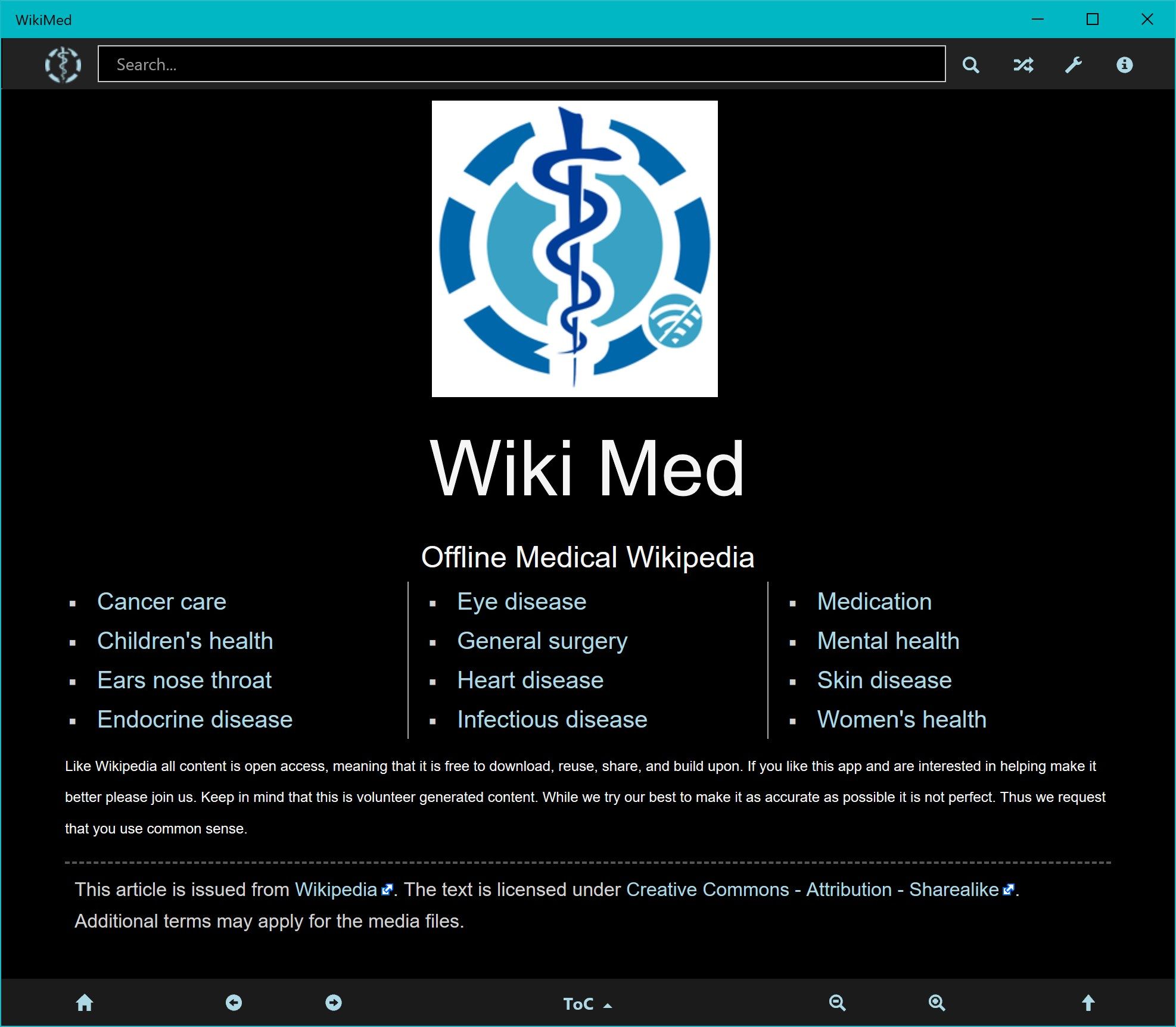 WikiMed Start page (dark theme)