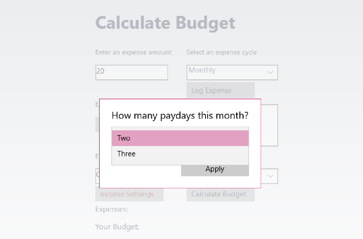 If you have a monthly expense logged and you switch to bi-weekly income cycle, an "Income Settings" button shows up and you can customize the number of paychecks this month.