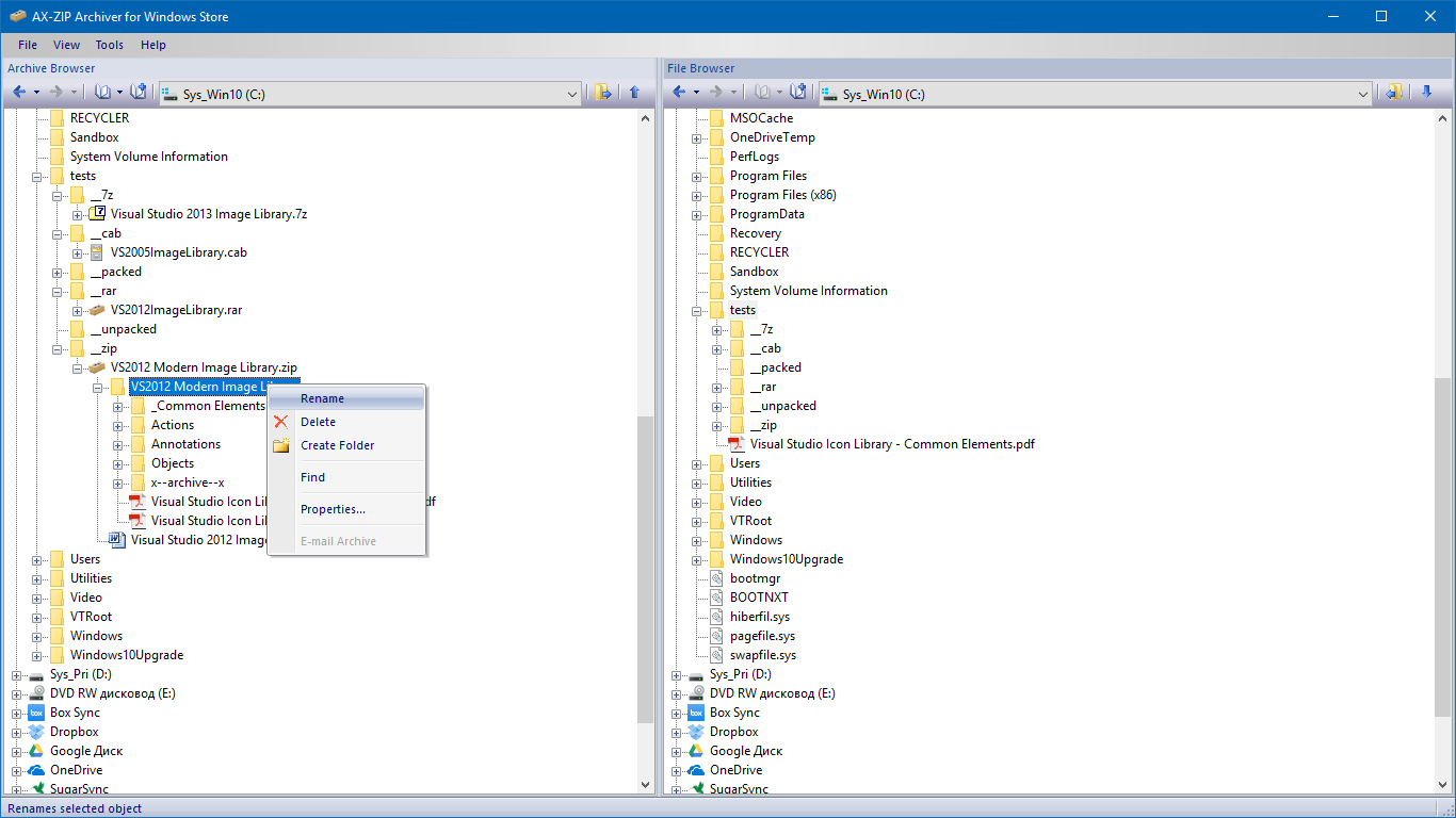 It is possible to delete and rename items inside zip archive, and also to create folders and to perform search.