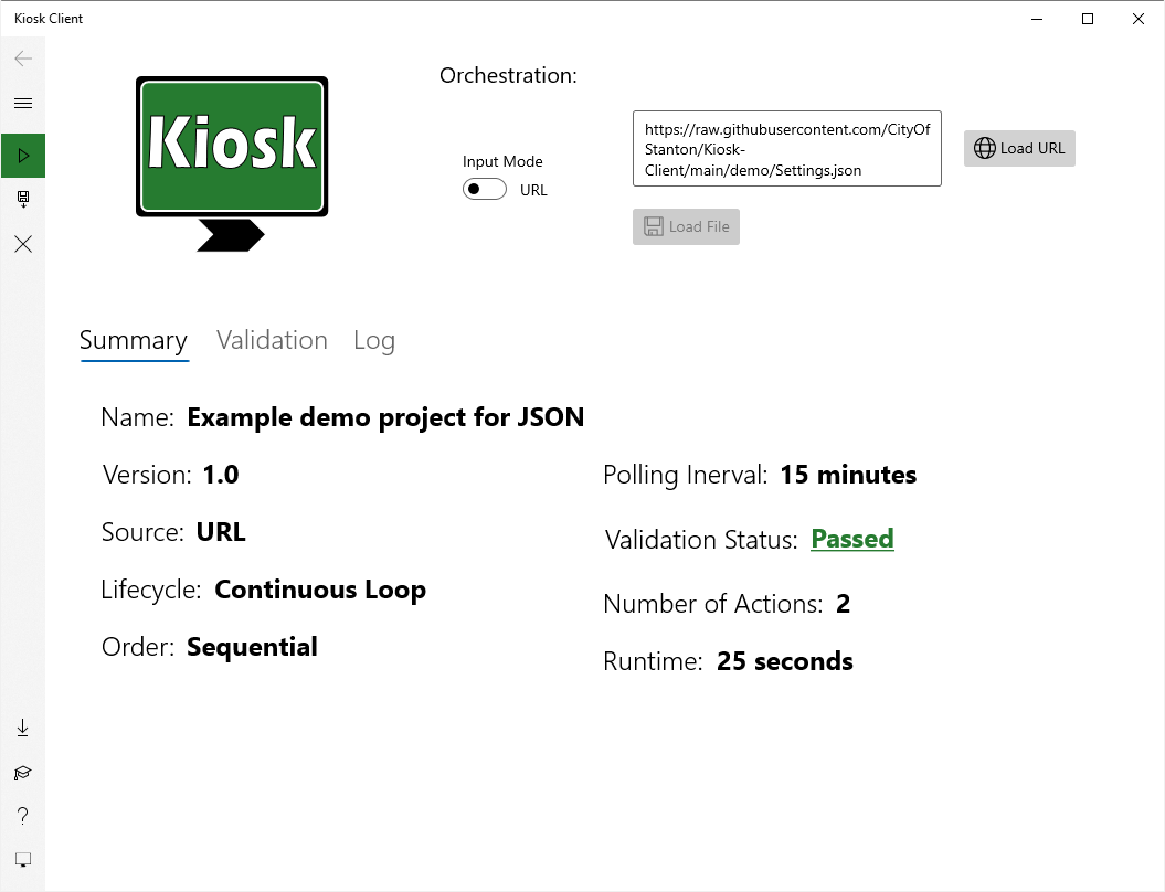 You can load your Orchestration from any website that supports static web hosting. Once loaded, a summary of your Orchestration is displayed. 

If you're satisfied with your Orchestration, you can set it as the "default Orchestration", meaning it will run automatically the next time Kiosk Client is launched.