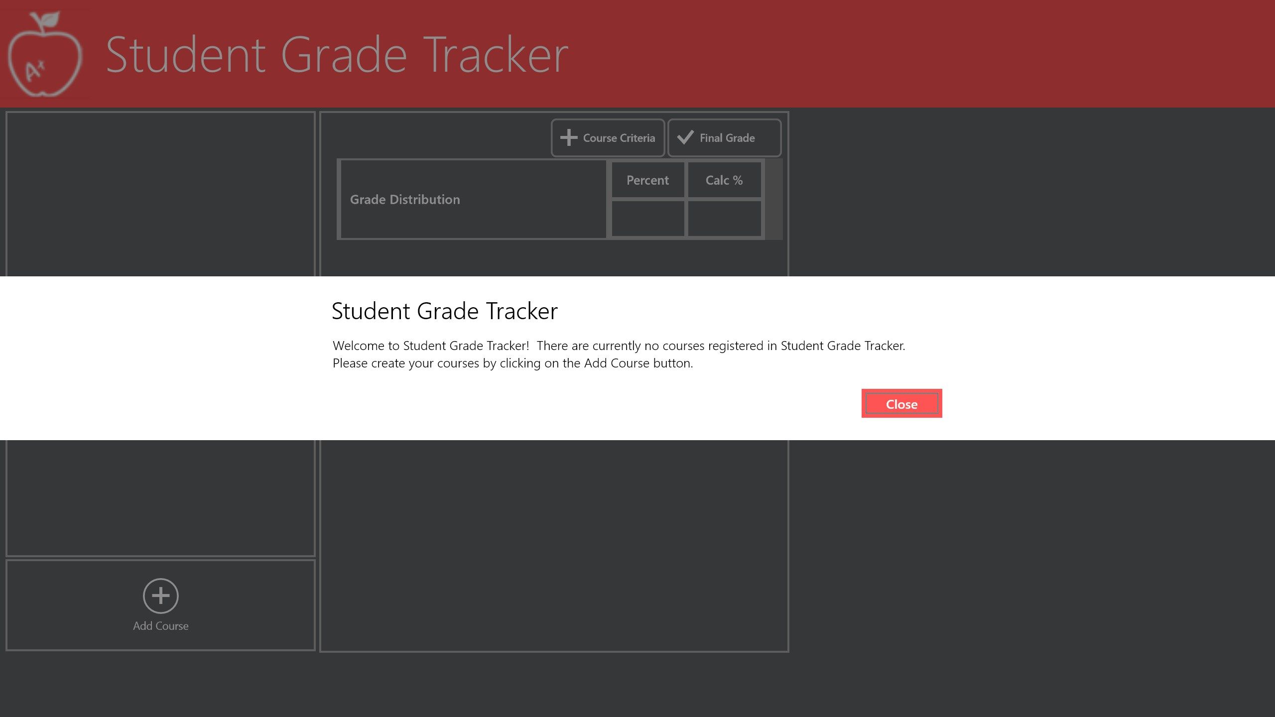 Student Grade Tracker welcome screen