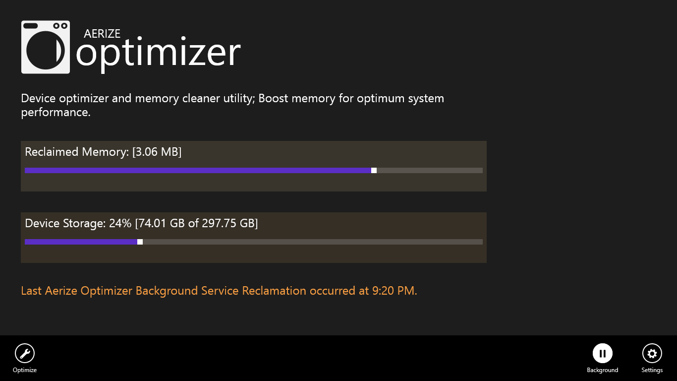 Aerize Optimizer main screen showing background service message