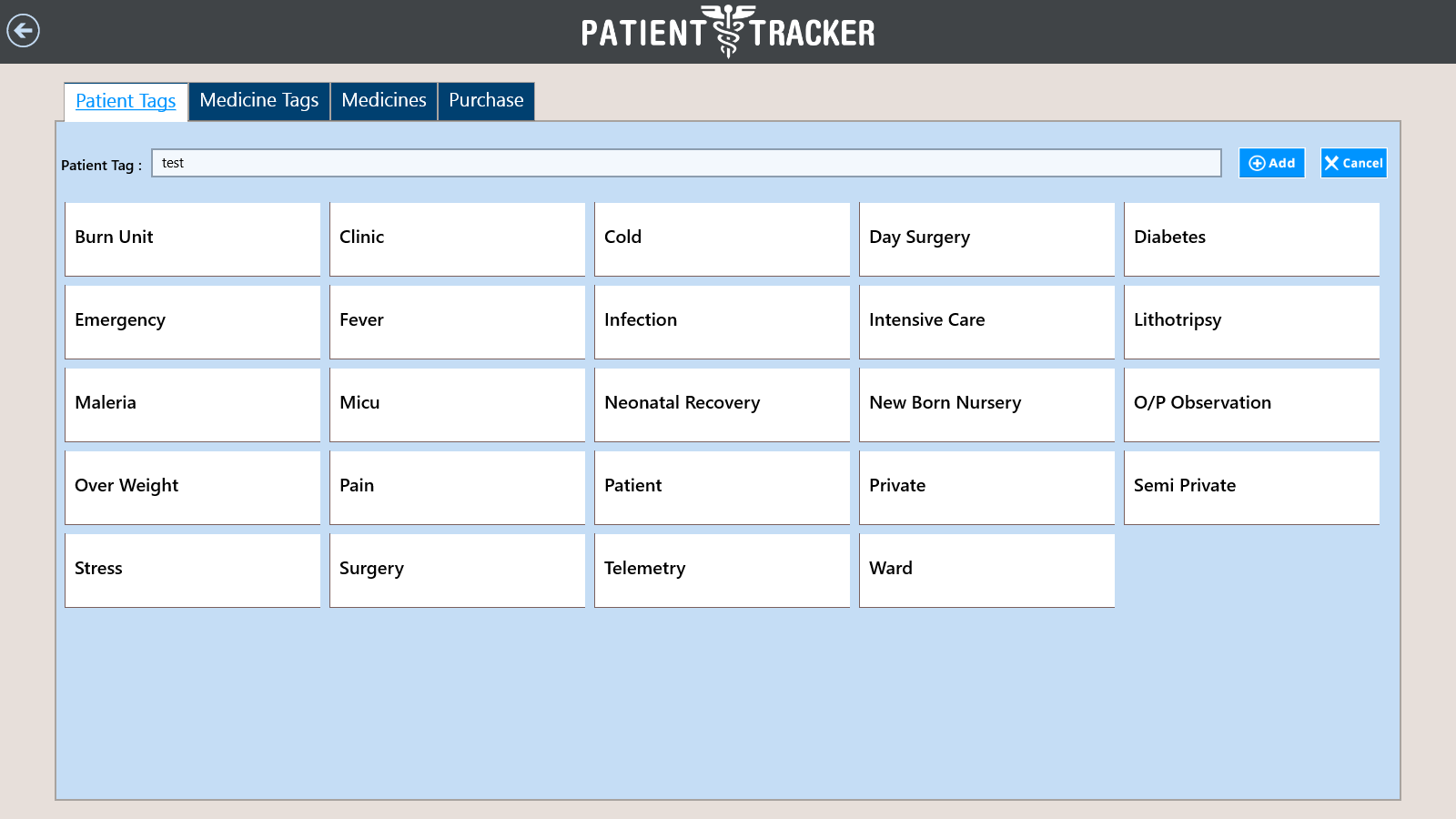 Setting page for managing Patient Tags, Medicine Tags, Medicine and Products.