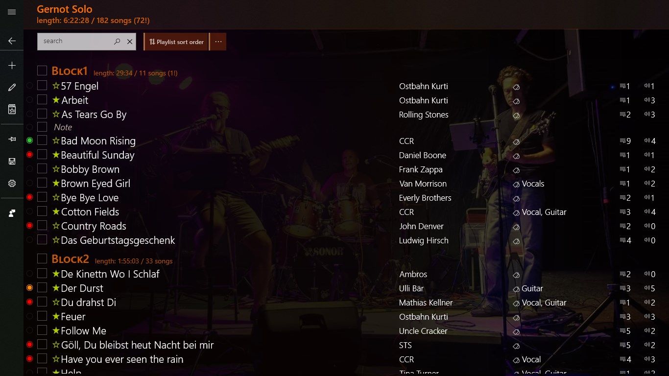 Create you own setlists including blocks and automatic calculation of length and even remaining length when playing your show.
Add markers and tags to better categorize your songs.
Direct access to the songs of your playlist from the Song page.