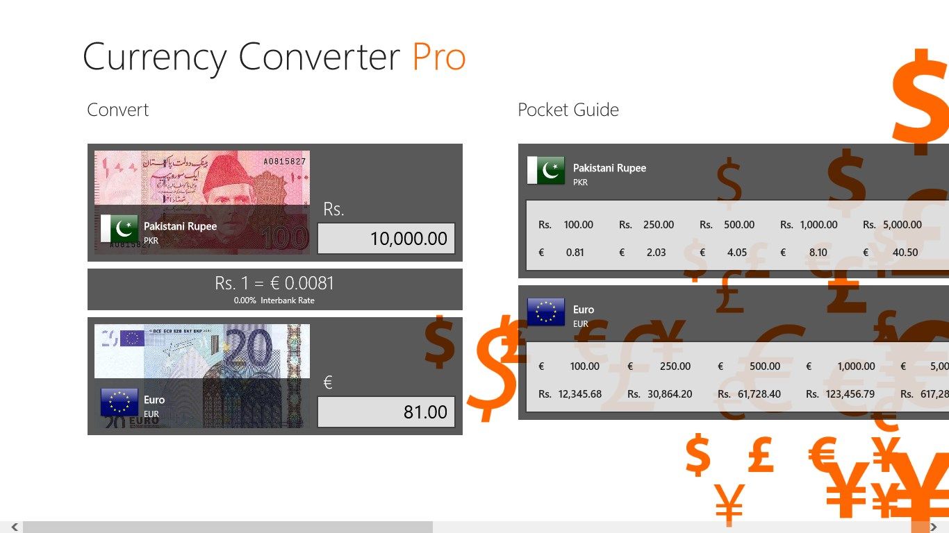 Convert between currencies and use the pocket guide to quickly view common currency conversions.