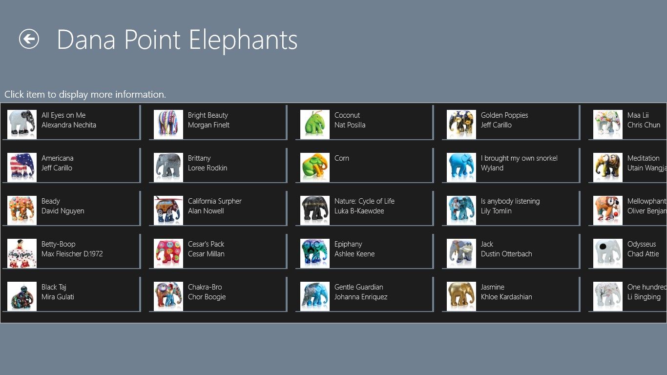 The screen is displayed when the Dana Point Elephants button is selected or the Dana Point Elephants Section is selected from the main page.