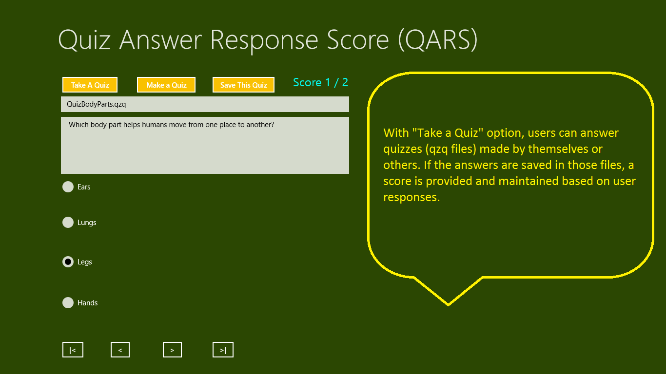 Users can answer quizzes (qzq files) created by anyone. If answers are saved, a score is also shown while answering.