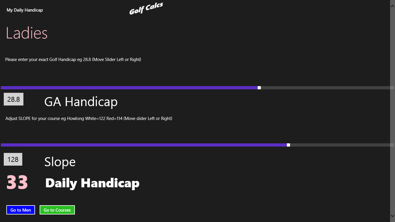 Calculate your Daily Handicap for any golf course, by entering your GA Handicap and the Slope rating of the course.  “Go to Men” to calculate Men Daily Handicap.  “Go to Courses” for Links to all Aust
