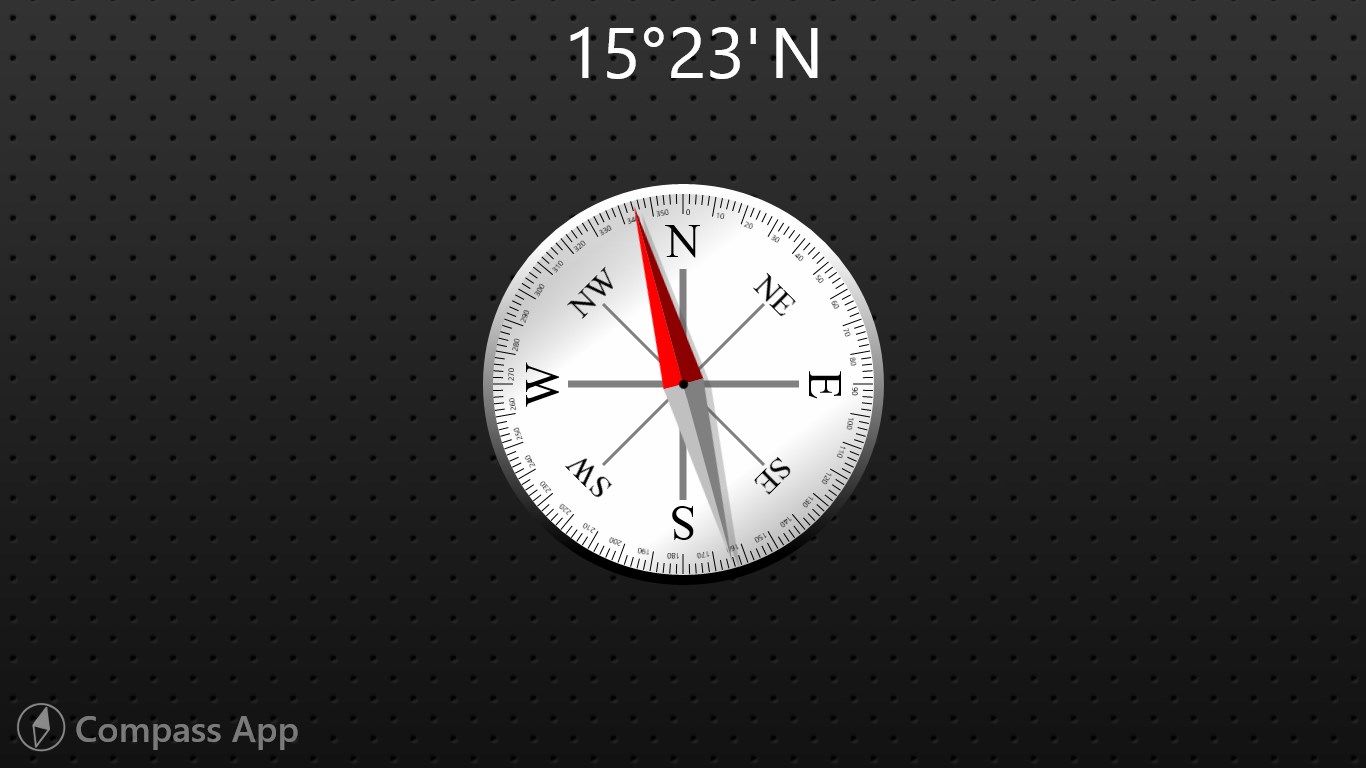 Default view. Compass reading is 15'23'' N, the device is heading 15'23'' degree clockwise from magnetic north.