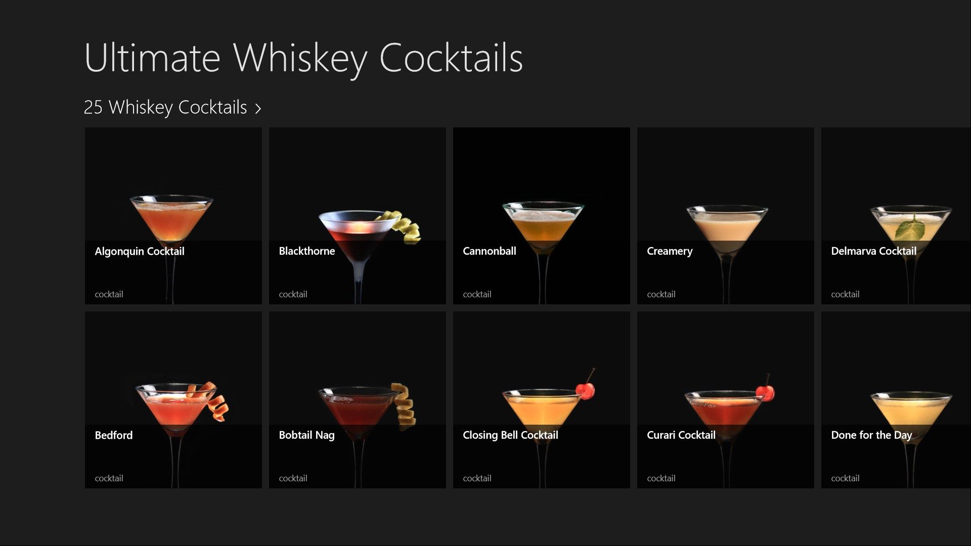 Showing thumbnails of all the cocktails
