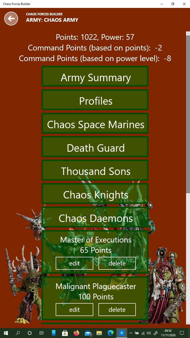 View a summary of your army or choose a faction type to add to it