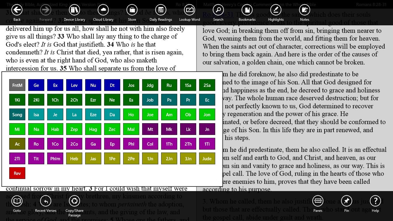 Use the color coded Bible table of contents to easily find the book you want