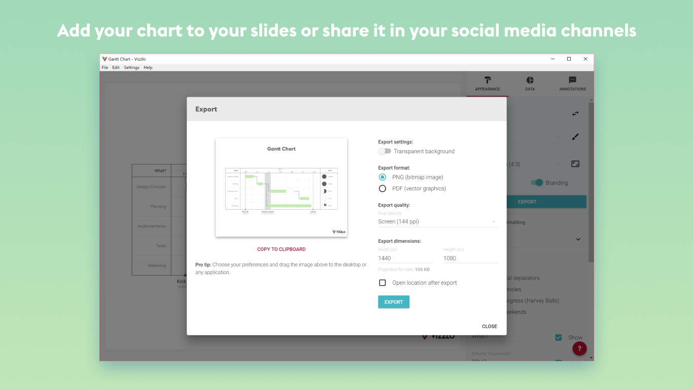 Share, export or embed your chart with ease