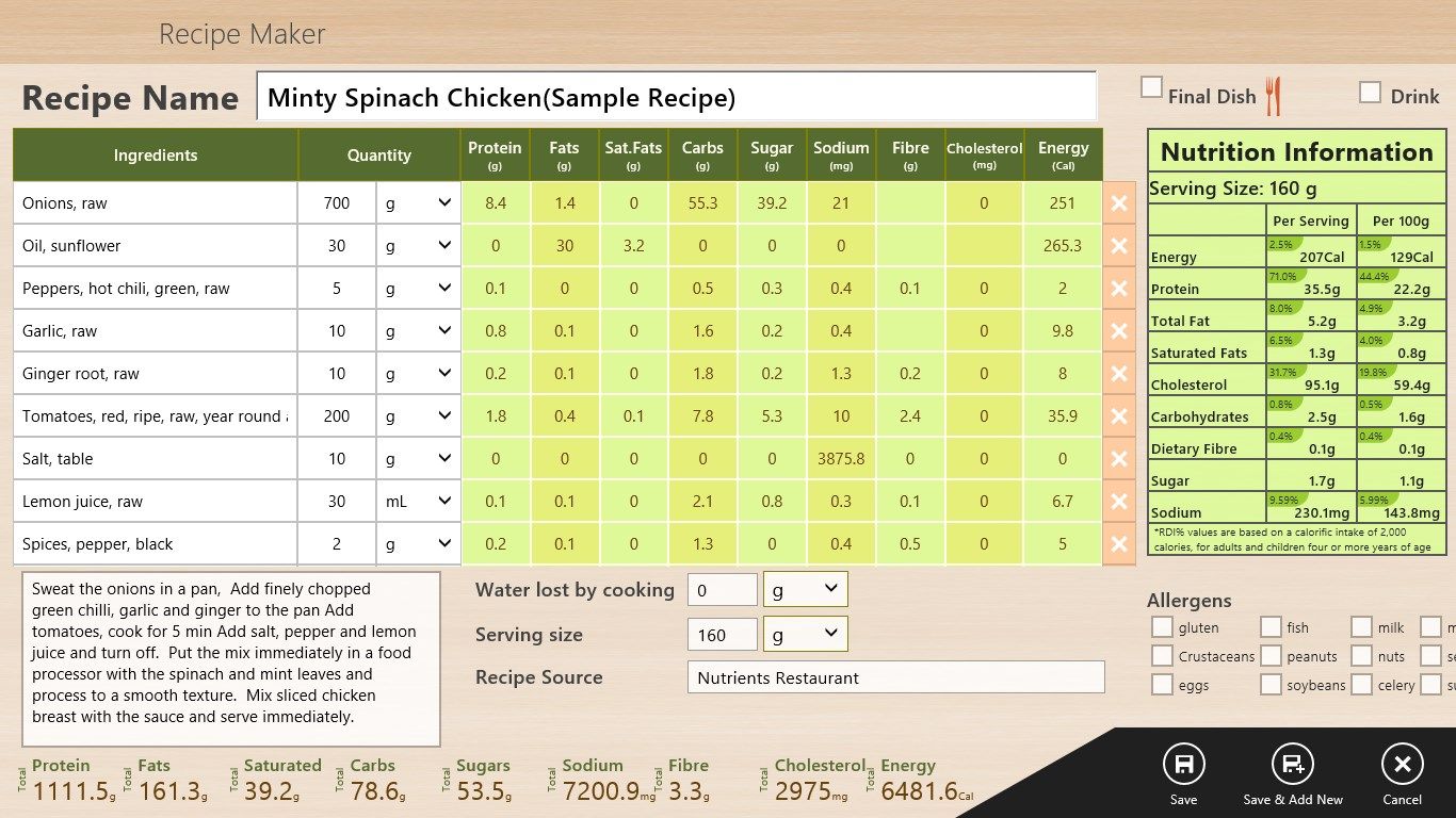 Create a recipe and Nutritional Panel is automatically generated