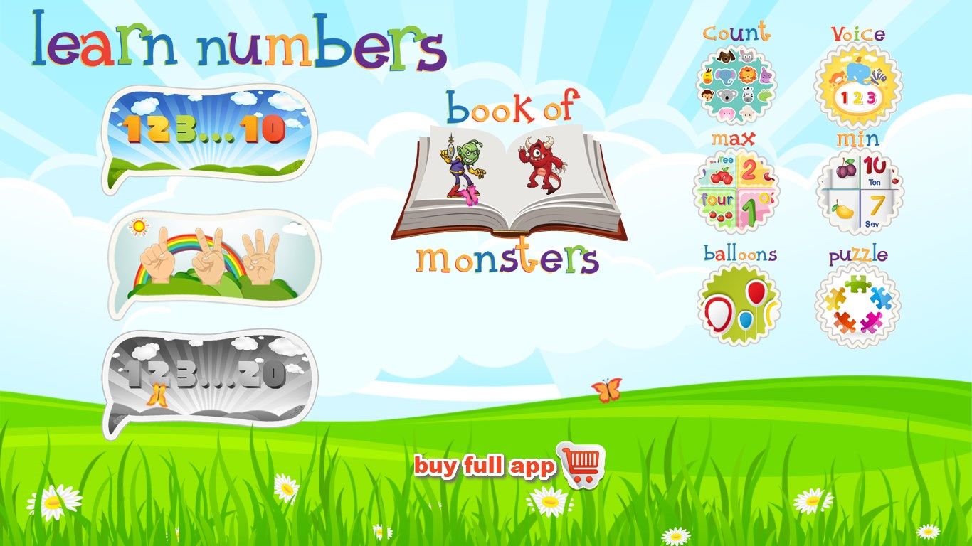 Start screen of the application with 6 games and learning stages