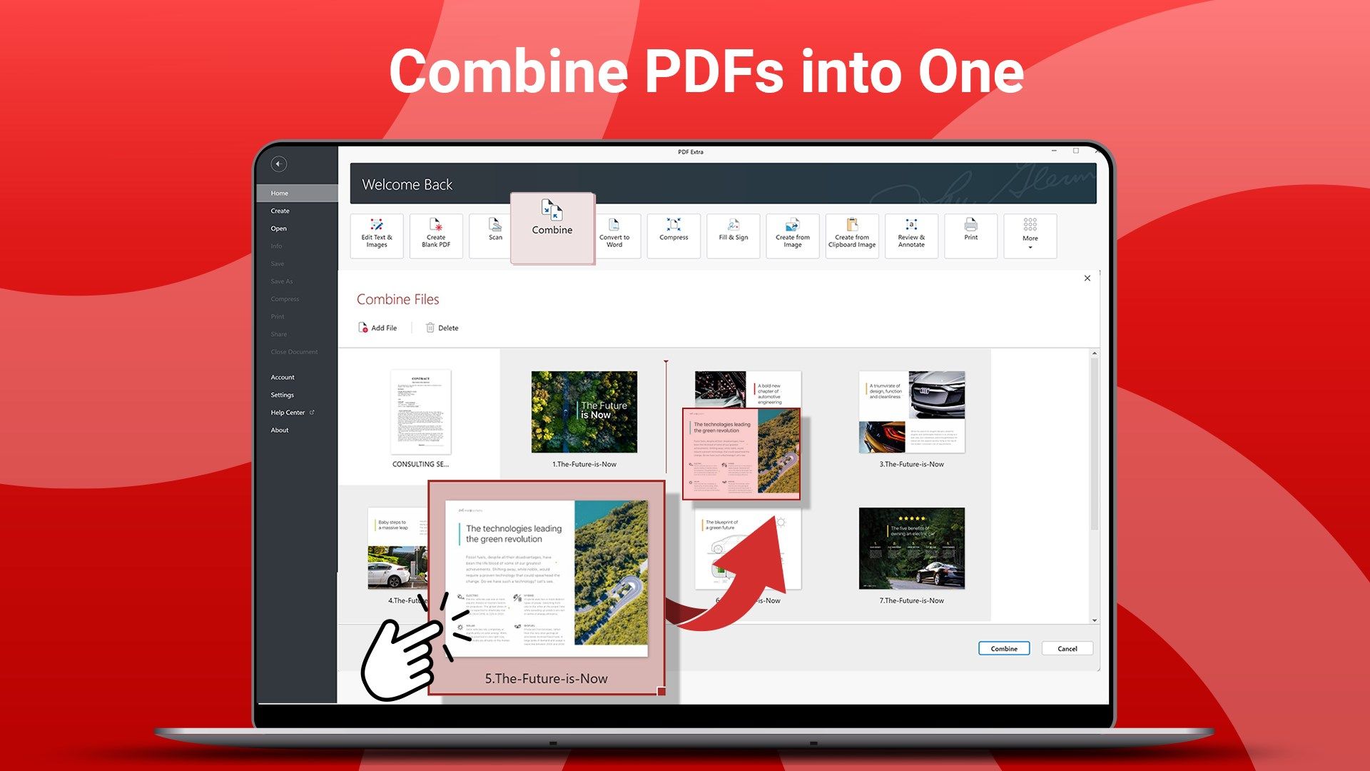 With its simple and practical user interface, PDF Extra is the easiest tool to combine PDF files. Just drag and drop the files you want into the combine tool area. Preview and move entire files to their correct position in the new PDF.