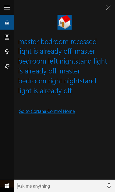Windows 10 view following a successful Cortana Control Home command.