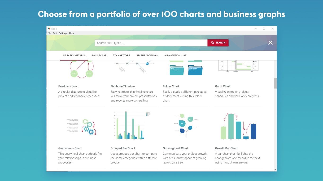 Choose from a portfolio of over 100 charts and graphics for project management, finance and economics, sales and marketing, etc.
