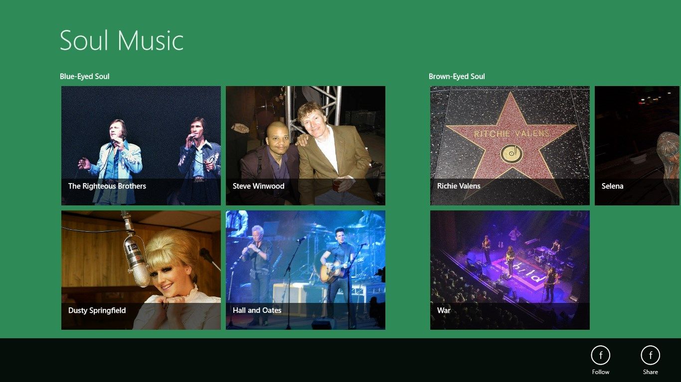Overview of artists in soul music category, with accessible features on the app bar