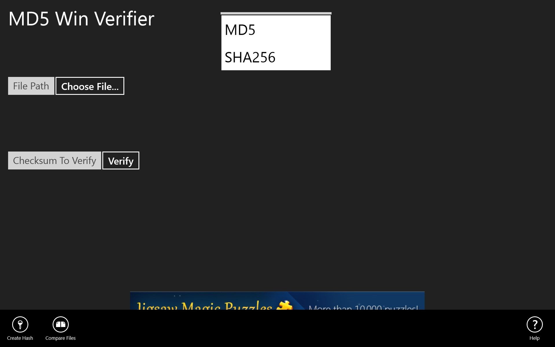 Verify Screen. Choose Hashing Function (MD5/SHA256)
