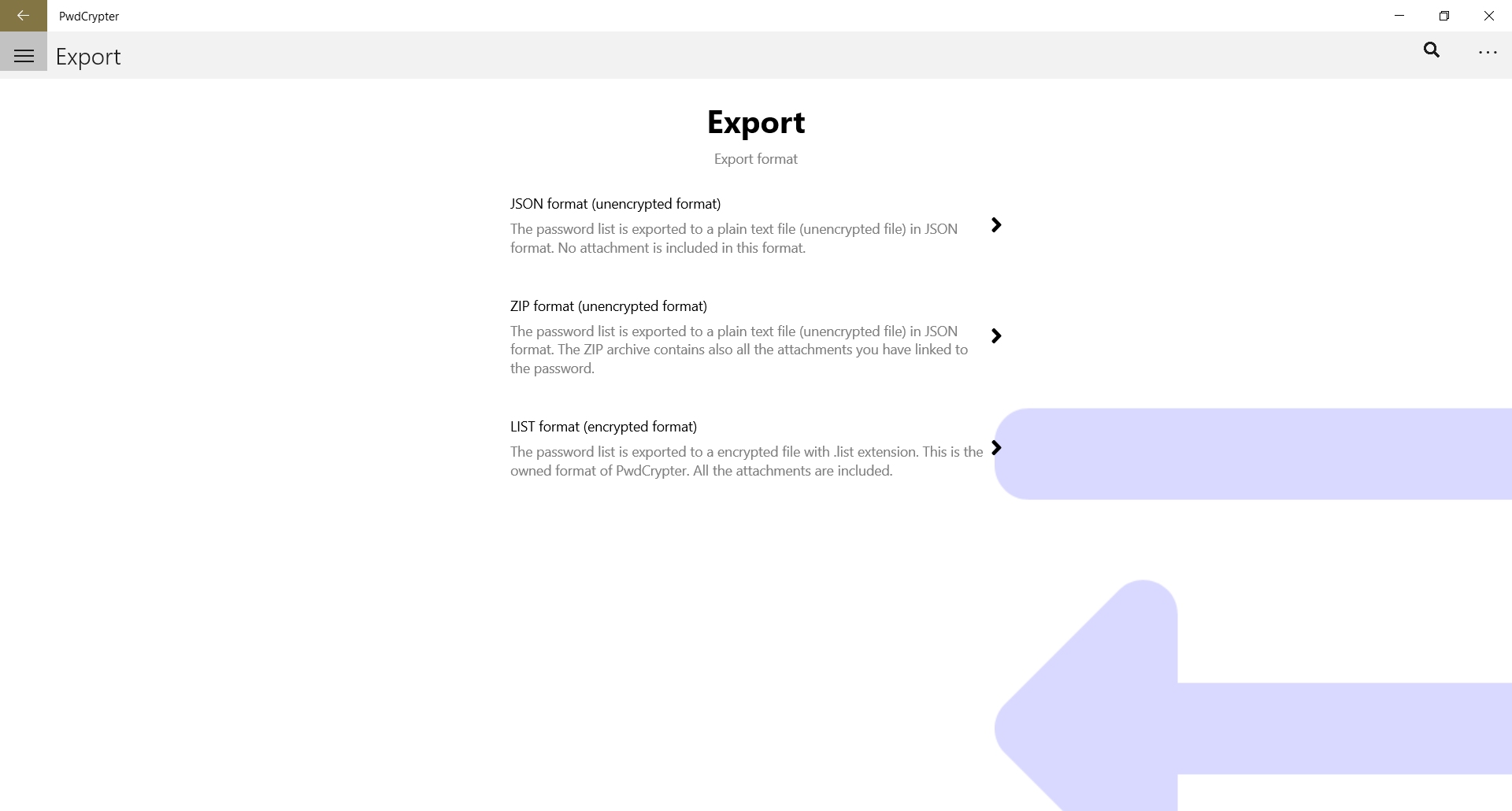 Export page. There are three file formats: JSON, ZIP and LIST (the proprietary file format of PwdCrypter)
