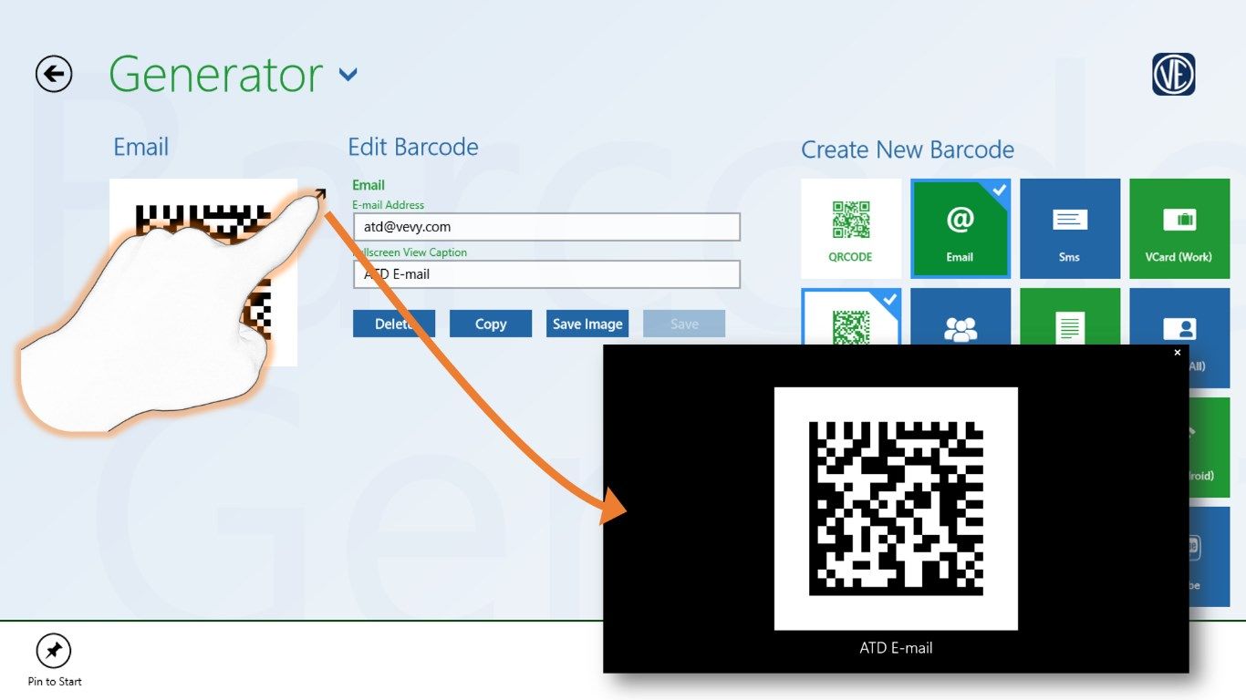 Creating barcodes is easy as choosing the template, the format and typing the content. Then you can share, print or put the barcode fullscreen. The screenshot has been modified to explain the behavior