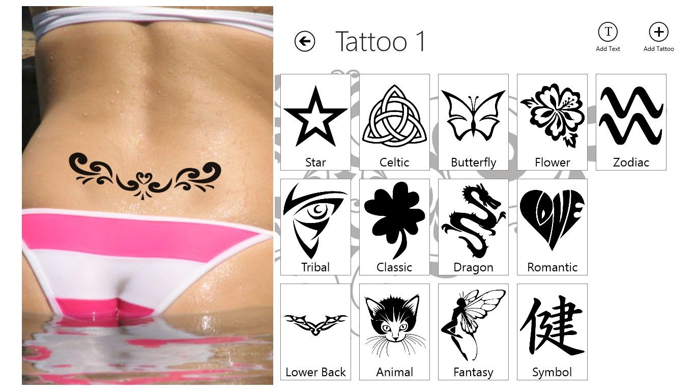 Zoom out to get an overview of all categories. Select one and get all the tattoos.