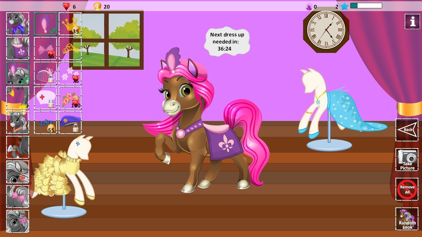 Dress Up Pony by yourself, or select random look
Take picture for your album (you can load that look when you want it)