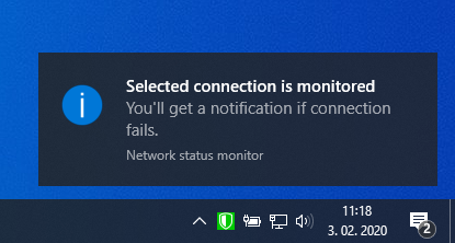 Hide the app. It will run in the background and periodically check the status of selected network connection. The green icon in taskbar shows that the connection is working fine.