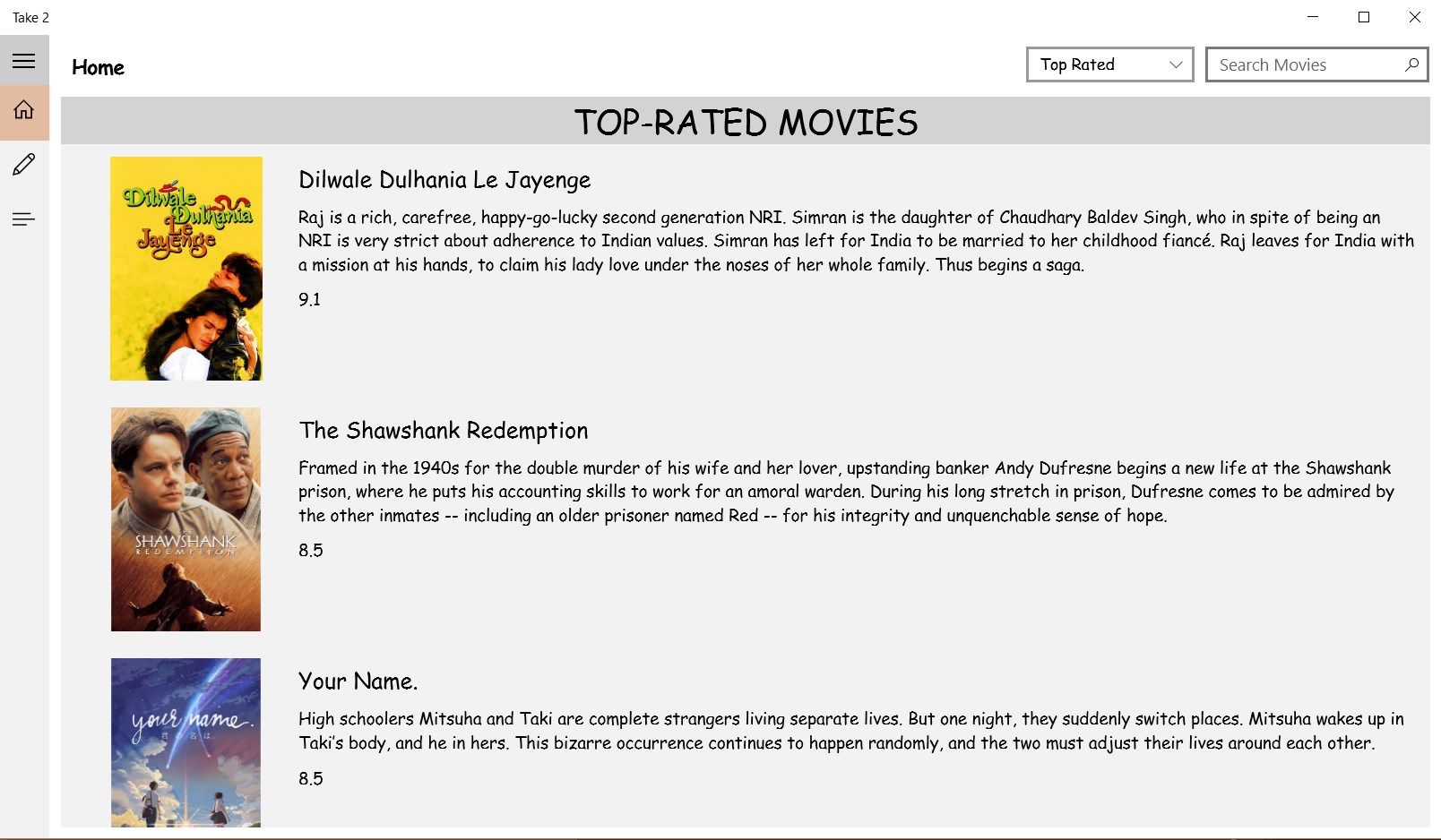Home Page - Filter Movies by Top Rated, Popular and Upcoming