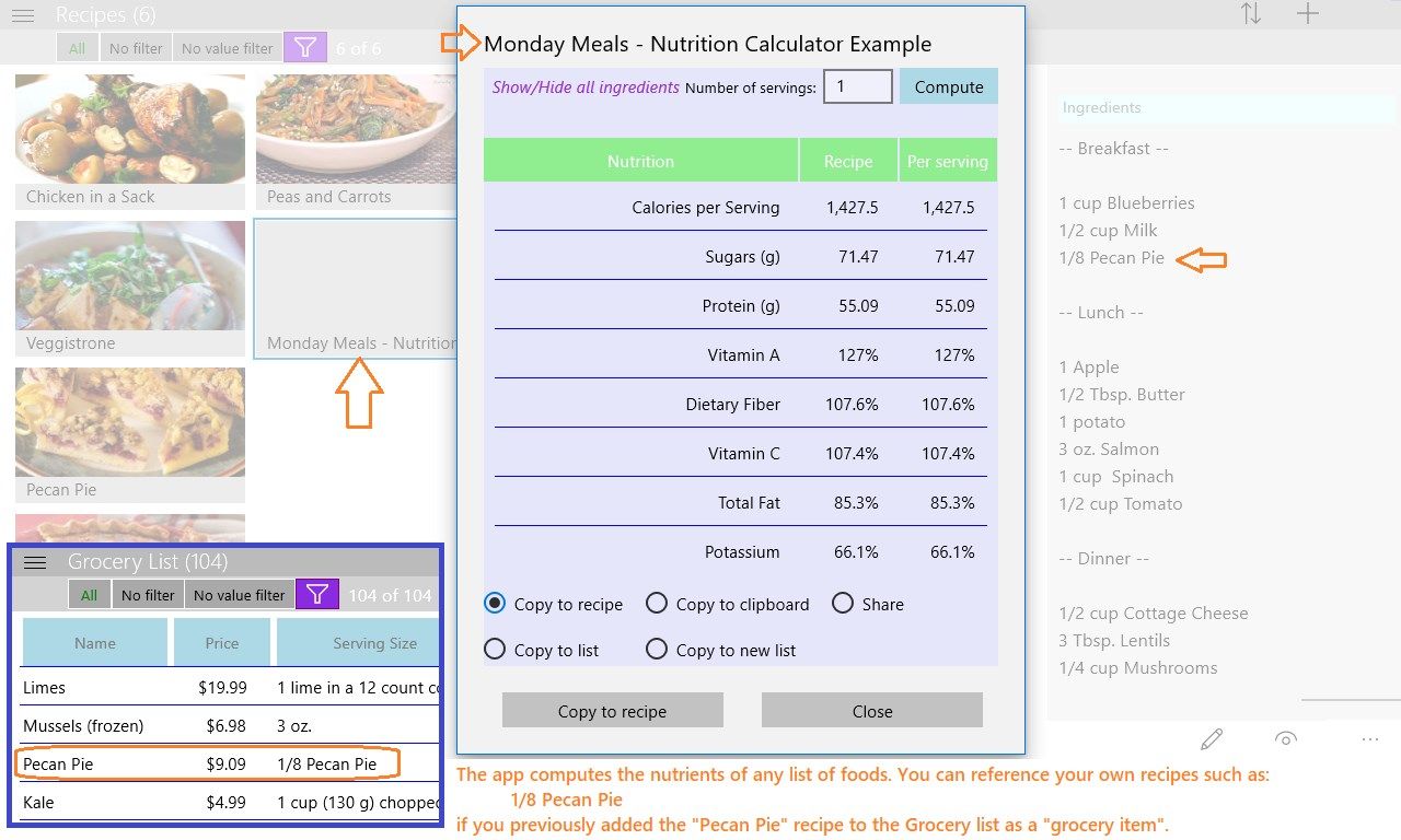 The app computes the nutrients of any list of foods .Each of your favorite recipe, "Pecan Pie" for example, can be added to the Grocery list as a "grocery item" and your daily list of foods can reference them.