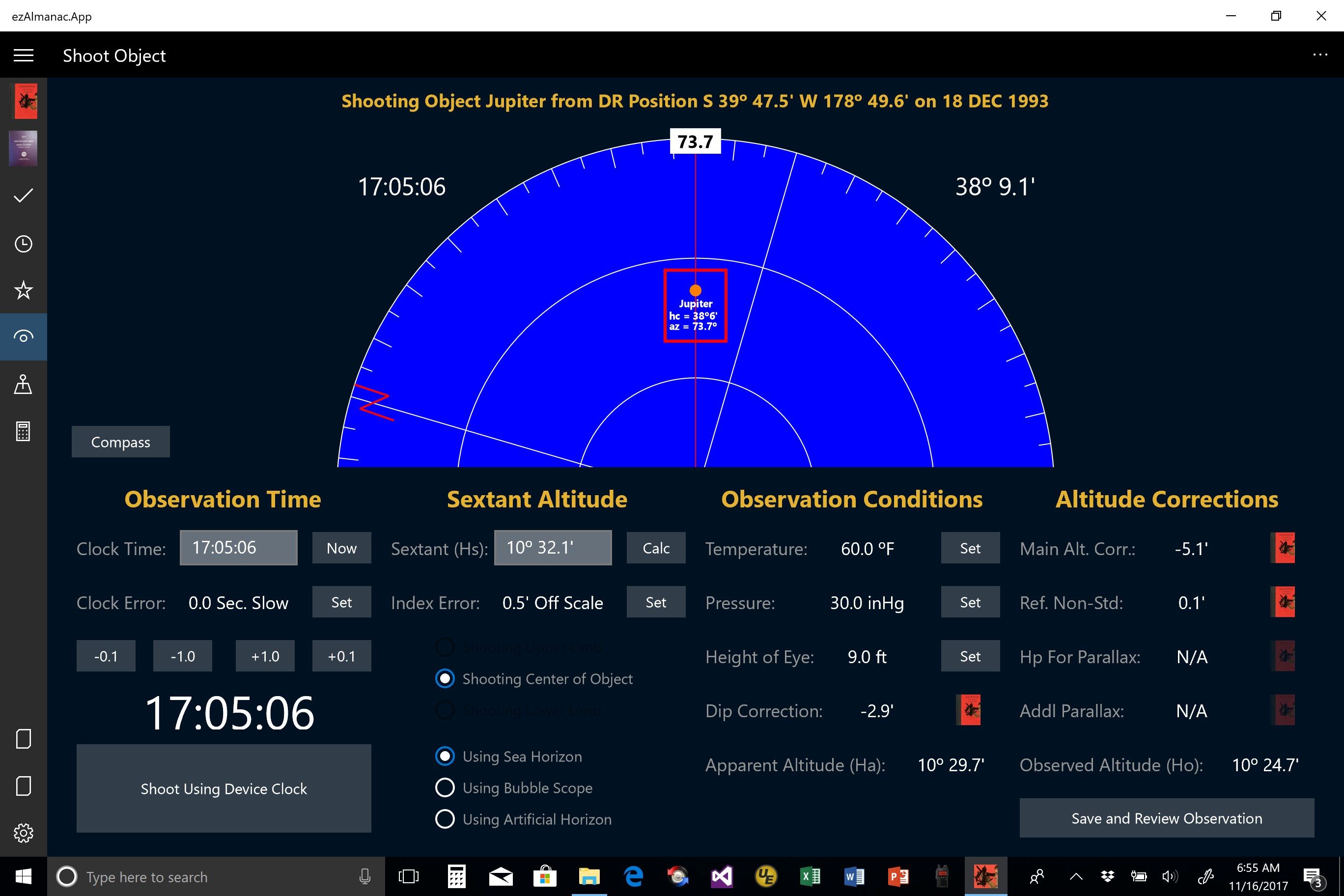 Page to Enter Observation and View Nautical Almanac Altitude Corrections