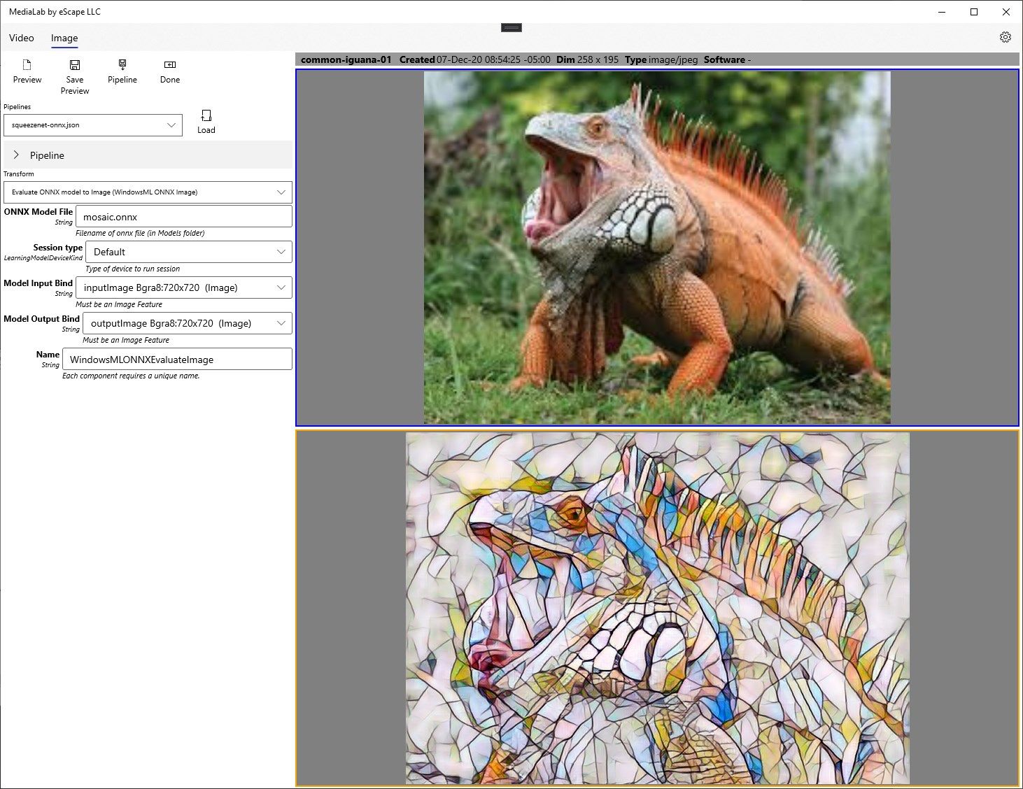 Run ONNX models via Windows ML to generate images.  Here we are doing "style transfer" with mosiac.