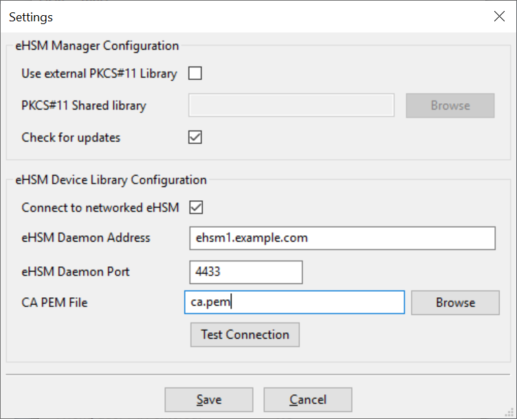 Configure an external PKCS#11 library and setup a networked eHSM